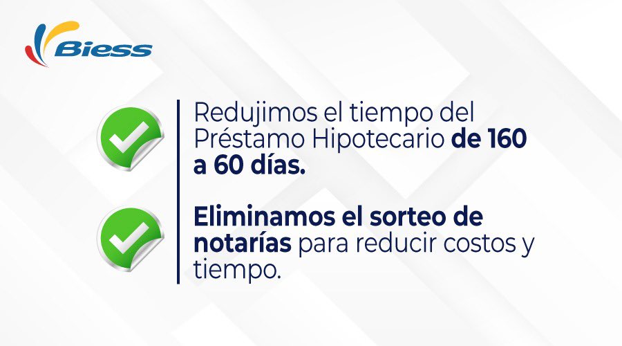 IvanFTobar's tweet photo. Simplificamos trámites para reducir el tiempo del #PréstamoHipotecario  
✅ Redujimos el tiempo del #PréstamoHipotecario de 160 a 60 días.
✅ Eliminamos el sorteo de notarías para reducir los costos y tiempo a nuestros usuarios @BiessEcuador 

#HitosBiess
#BiessATuServicio https://t.co/BhUfQkDjae