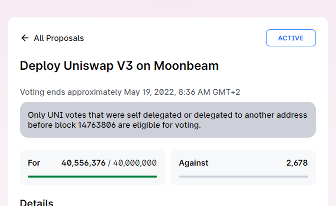 Trobriand15's tweet photo. Okay sorry for the spam!
@Uniswap will be deployed on @MoonbeamNetwork $GLMR. The required amount of 40M $UNI had been successfully passed!
In like 3-4 weeks Uniswap could be deployed on $GLMR.
Welcome to $KSM $DOT! https://t.co/gfqThgi0Uu