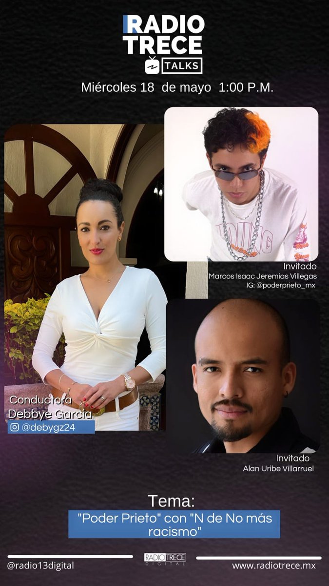 poderprieto_mx's tweet photo. Mañana a la 1PM en @Radio13Digital, dos de nuestras voces @AlanUrib y @JereCaelum en conversación con Debby García #RadioTreceTalks #PoderPrieto 👊🏾👊🏿👊🏽 https://t.co/N2EXxpGxMh