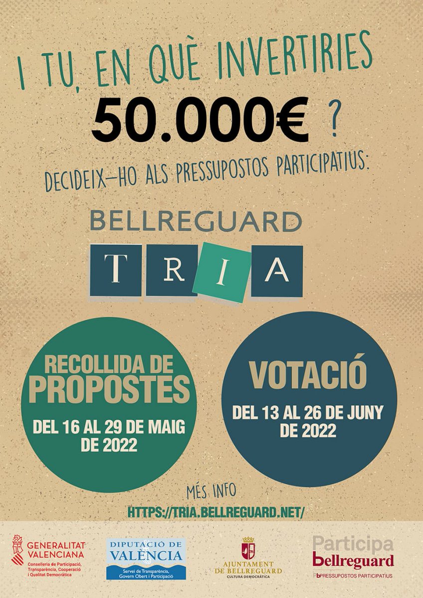 participaBRG's tweet photo. 📢 Encetem la 6a edició dels pressupostos participatius de Bellreguard

I tu, en què invertiries 50.000€? 

📌 Tens fins el 29 de maig per presentar les teues propostes, des del web 🖥️ https://t.co/TyltdOH5Od

#Participa
#Decideix
#BellreguardTria
#Bellreguard https://t.co/csMgORjJMs