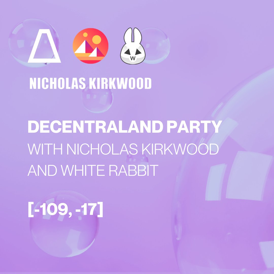 dematerialised's tweet photo. LIVE NOW: Party with @WhiteRabbitGATE @NKirkwoodLondon &amp; DMAT in @decentraland tonight from now until late🧨 Holders of the NK x WR wearables can access the VIP area, and the party is open to all with music by DJ #MimiXu 

[-109, -17] See you in wonderland🐇 https://t.co/v10kbVbBbt