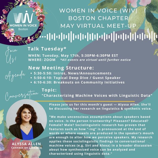 WomeninVoiceBOS's tweet photo. Back from our spring break, we are excited to have Alyssa Allen speaking to our group this evening for our May virtual meet-up! 

➕Coming up next Tuesday — we'll be hosting a special virtual meet-up for attendees during the Women in Voice Global Summit: https://t.co/cnTUll1nLP https://t.co/98Dw1LZiHz