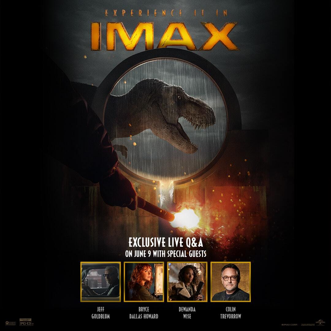 Jeff Goldblum, Bryce Dallas Howard, DeWanda Wise and Director Colin Trevorrow are joining IMAX fans for an Exclusive Live Q&amp;A and screening of #JurassicWorldDominion on June 9. Get your tickets before they’re extinct: tickets.imax.com