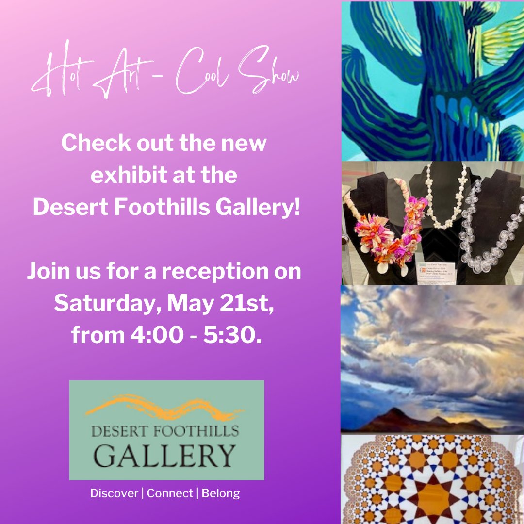 DFLibraryAZ's tweet photo. Come see our new art exhibit: Hot Art - Cool Show!  All artwork is available for purchase.  Sales benefit the Desert Foothills Library and support our talented local artists!
#EnrichingYourCommunity https://t.co/4tf46yKeGq