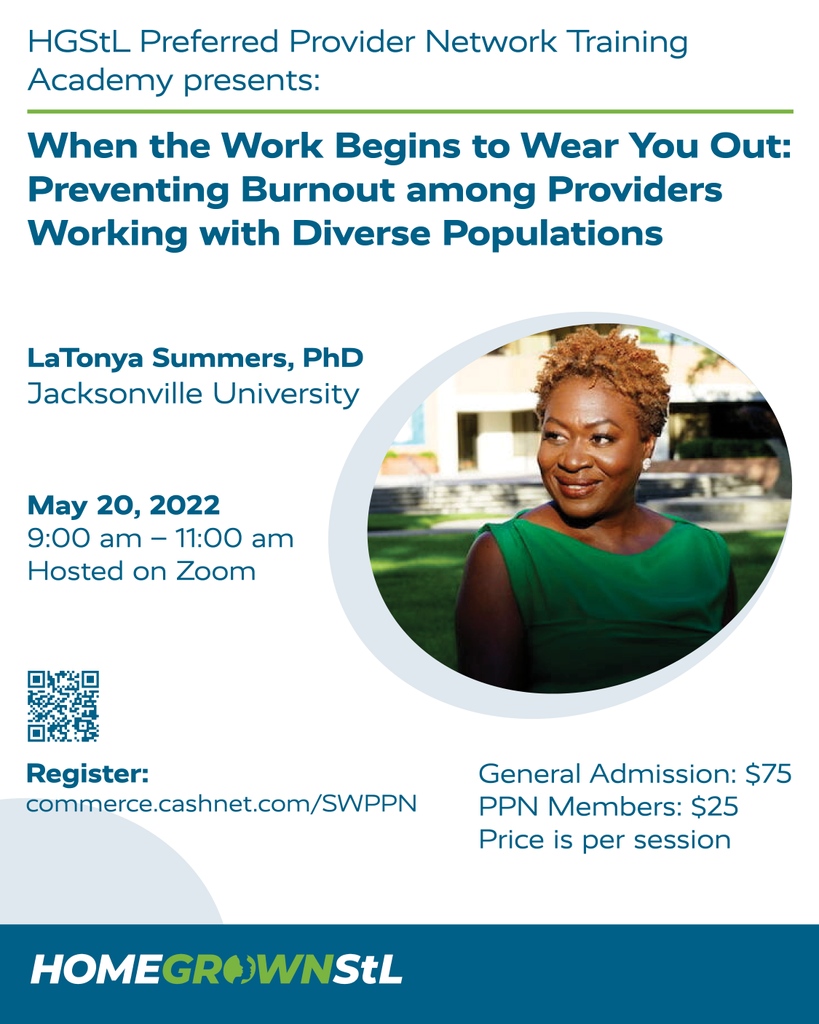 HomeGrown_STL's tweet photo. On Friday, May 20, Dr. LaTonya Summers will lead the next upcoming webinar in our Training Academy series—"When the Work Begins to Wear You Out: Preventing Burnout among Providers Working with Diverse Populations.⁠" 
⁠
Sign up here: https://t.co/Z4ynfrZ9x0 https://t.co/qmDAZjVj2Q