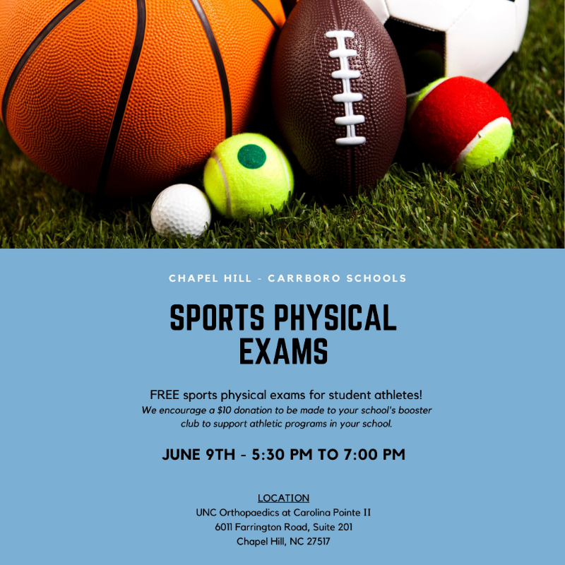 chccs's tweet photo. UNC offers FREE sports physical exams for CHCCS high school athletes. The exams will be offered from 5:30 pm until 7:30 pm on Thurs., 6/9 at UNC Orthopaedics at Carolina Point II (6011 Farrington Road, Suite 201).

A donation to your school's athletic booster club is encouraged. https://t.co/KdrC2sf1OE