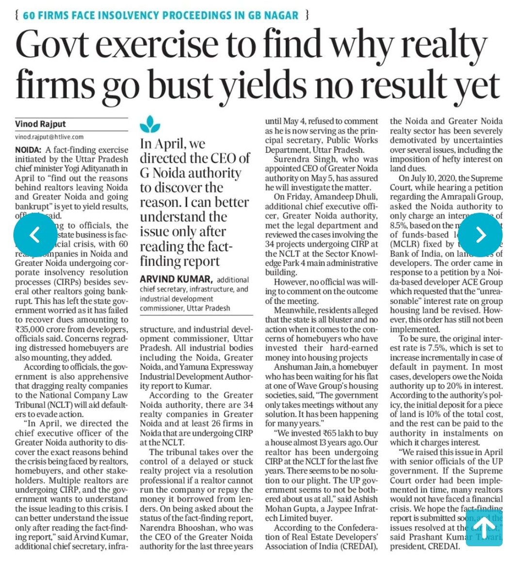 vinodrajputs's tweet photo. UP gov to find out reasons why realtors in Noida, Greater Noida turning bankrupt. If they want to escape legal action, not pay financial dues. But crisis is bcz of indecision, wrong policies n negligence. Consumers suffer. @myogiadityanath @NandiGuptaBJP @AmitShah @narendramodi https://t.co/1jmv26yvfO