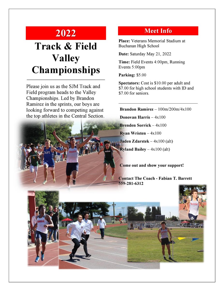 sjmtandf's tweet photo. Come out and show your support for the Boys of SJM as they head to compete against the best our Valley has to offer in the 2022 Valley Track &amp; Field Championships! https://t.co/1Yp0lRsipf