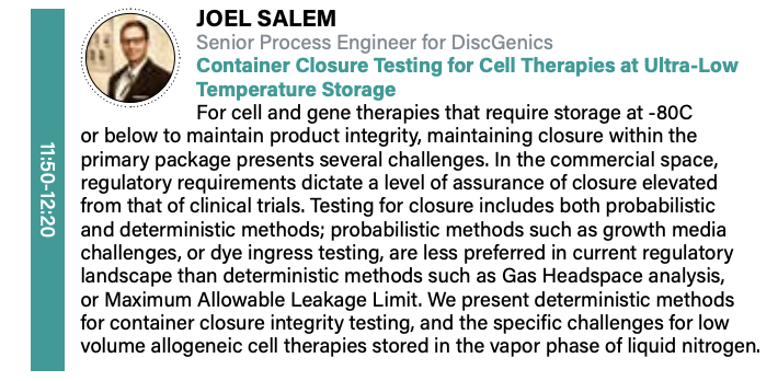 #DiscGenics Senior Process Engineer is in Dublin this week presenting at the Global Bioprocessing, Bioanalytics &amp; ATMP Manufacturing Congress (<a href="/lifesciences_GE/">Global Engage</a>) on container closure integrity testing for #celltherapy. global-engage.com/event/bioproce…