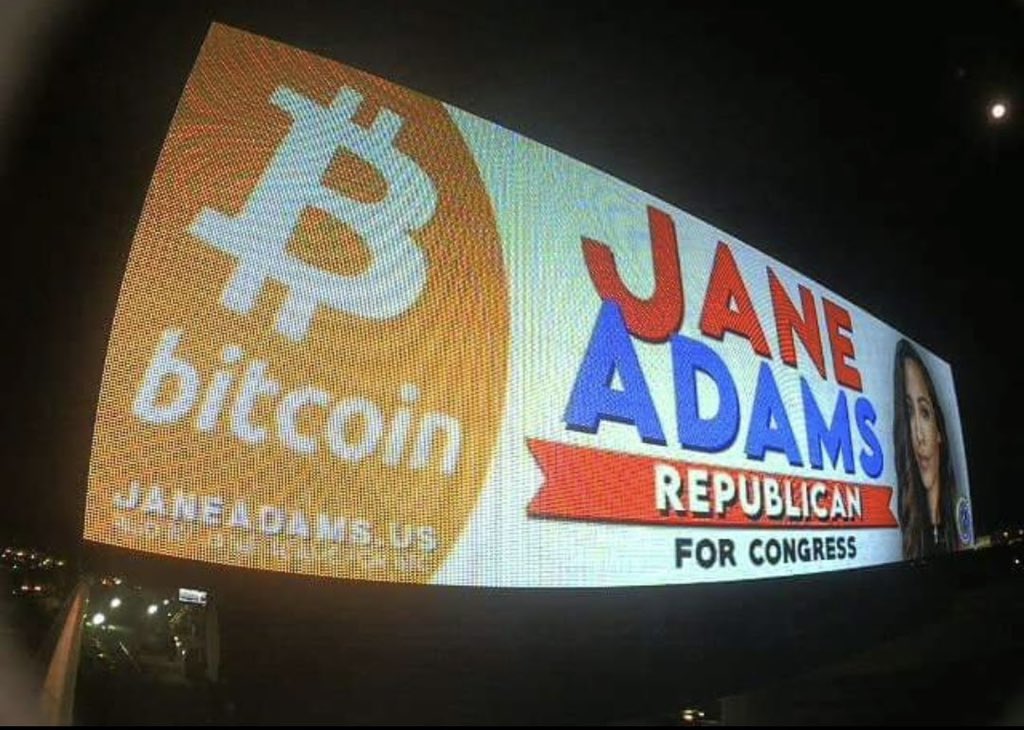 iLoveJaneAdams's tweet photo. My campaign billboards are up! #bitcoin belongs in Nevada! https://t.co/uBs8ku4XYn