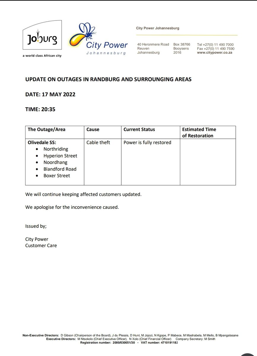 CityPowerJhb's tweet photo. #RandburgOutage 

Power is fully restored.^MM https://t.co/KJp4Up6SAd