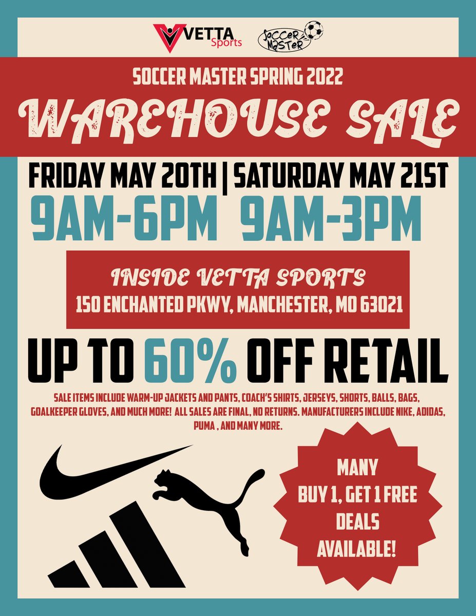 MOyouthSoccer's tweet photo. Catch some unbeatable deals at this weekend's @soccermaster Warehouse Sale! #SoccerMaster #YouthSoccer #MOYouthSoccer https://t.co/4qZI3TPx9O