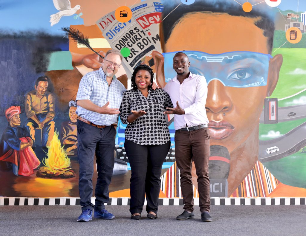 IMChallengeug's tweet photo. .@ifrc's Malcolm Lucard (@mlucard) shares photo moments with @UgandaRedCross' Irene Nakasiita (@inakasiita1) and our team lead @MpindiAbaas after the MCI Media Hub tour.
#MobileStorytellingLab https://t.co/ehP3Pa6WEA