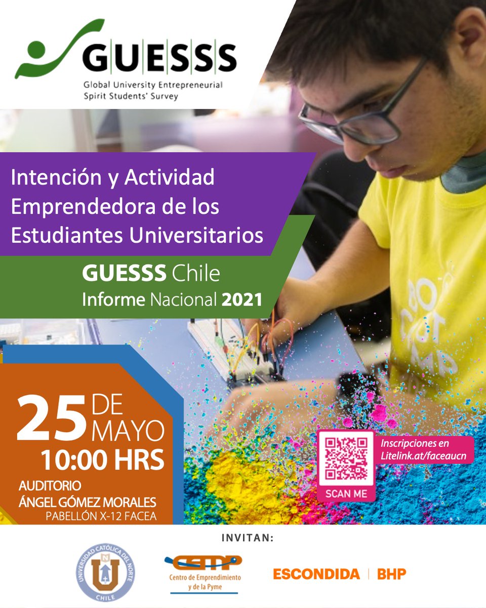 Lanzamiento Informe Nacional GUESSS #Chile 2021 🤩
Intención y actividad emprendedora de los Estudiantes Universitarios.🚀💪👏
📌25 de mayo a las 10:00 hrs en el Auditorio Ángel Gómez Pabellón X12 de la <a href="/facea_ucn/">Facultad Economía y Administración FACEA UCN</a>
👀Inscríbete en el link: litelink.at/faceaucn.
#Antofagasta