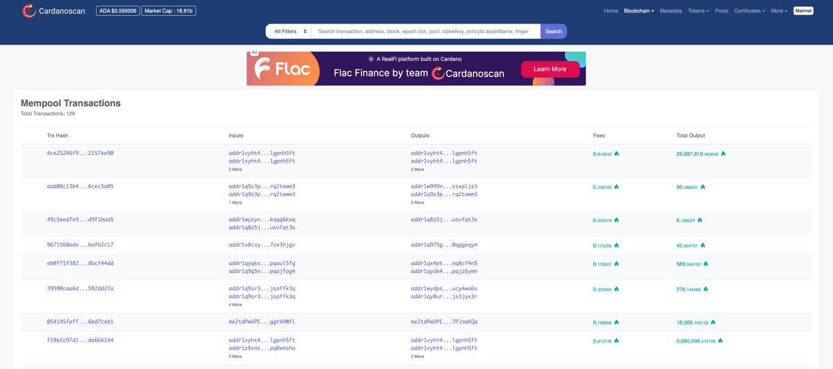 📢🔥🔥🔥🔥🔥🔥

We are extremely excited to release mempool support on Cardanoscan. This means that now you can almost instantly view your pending tx on the explorer. 🚀

☑️ view mempool
☑️ view pending tx

More integrations with mempool are on the way 🤫

cardanoscan.io/mempoolTransac…