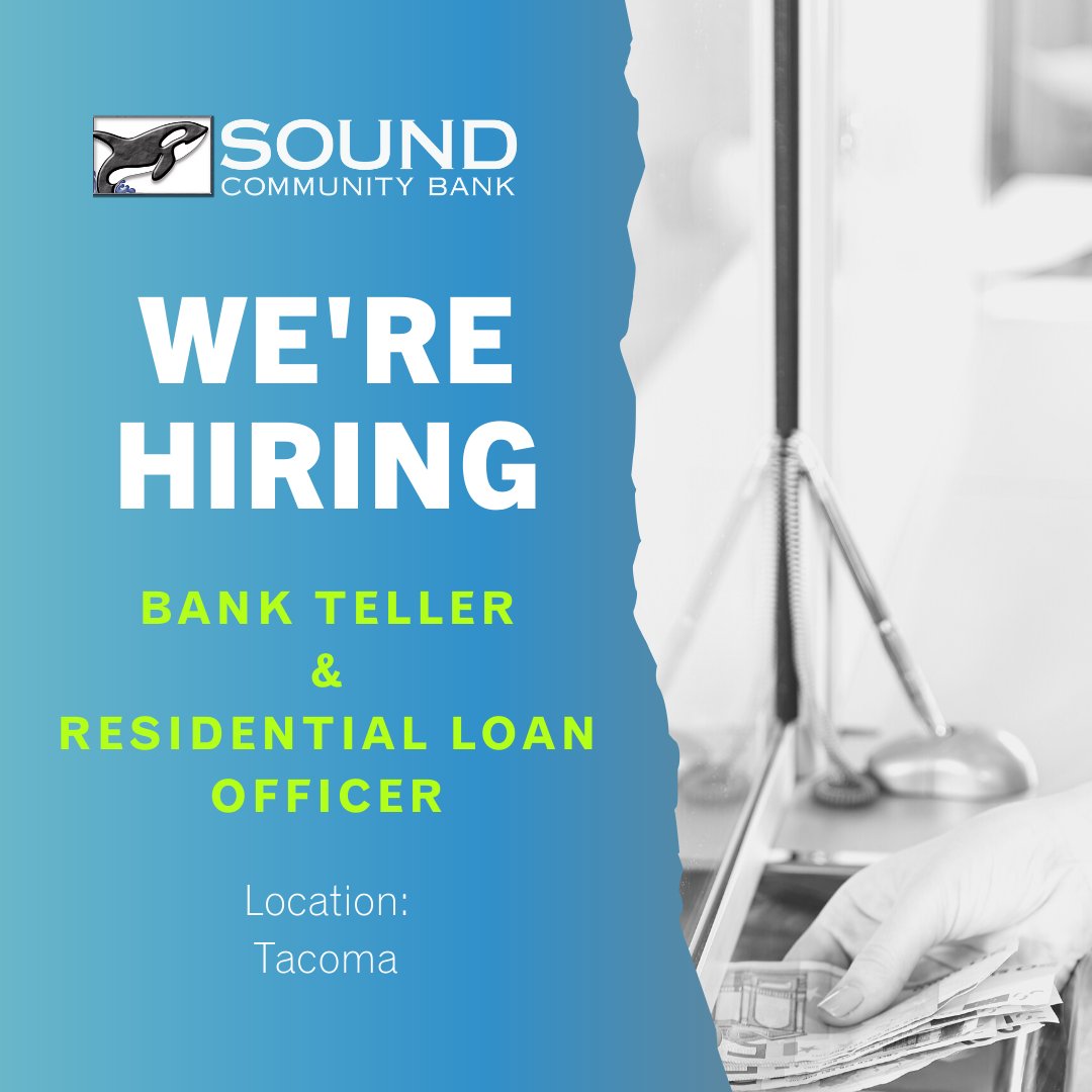 Join our #Tacoma Pod! We are hiring for Teller and Residential Loan Officer positions. Apply or read about the positions here: soundcb.com/about-us/caree… #SoundCareers #Hiring