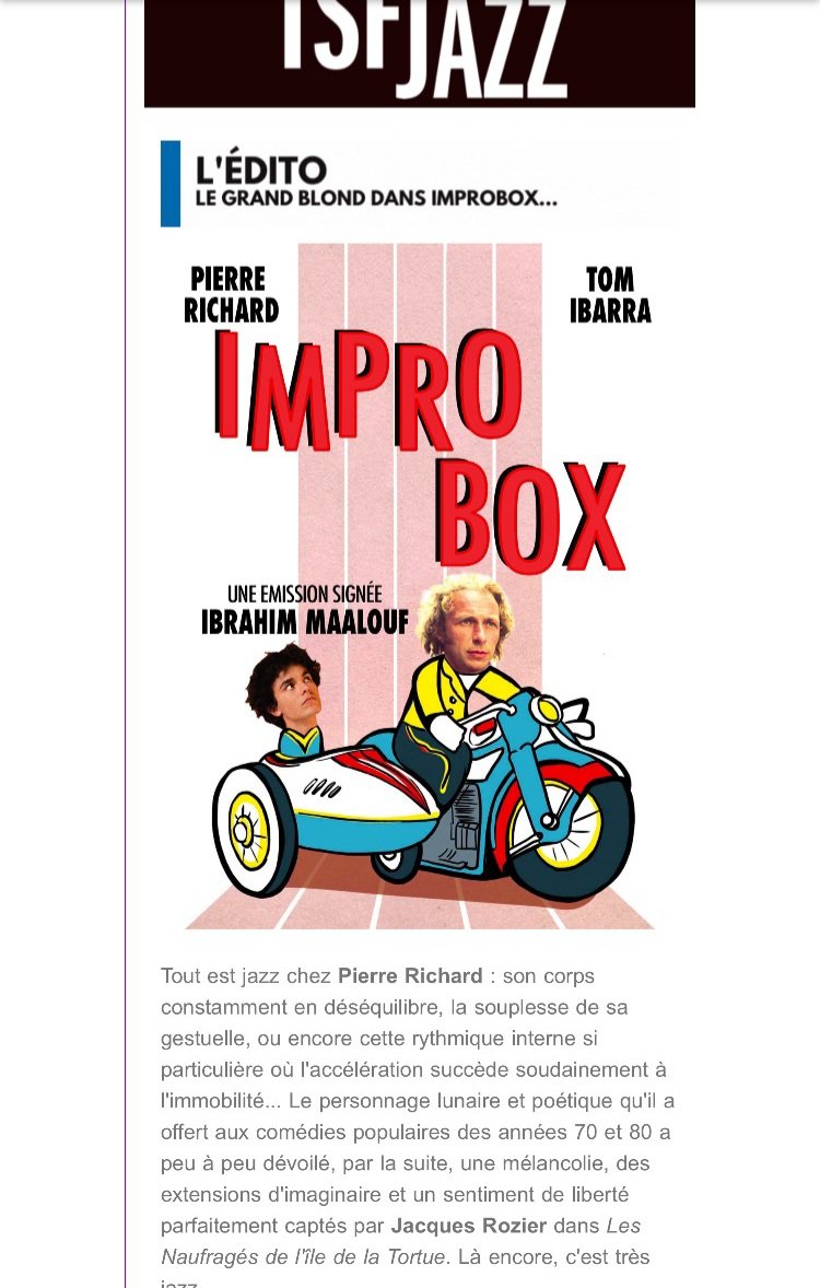 J'aurai le plaisir d'être sur <a href="/RadioTSFJAZZ/">TSFJAZZ</a> demain à 19h en compagnie de la légende du cinéma français Pierre Richard dans improbox, présenté par @ibrahim_maalouf 🔥 

Avec Tao Ehrlich à la batterie et Auxane Cartigny aux claviers!