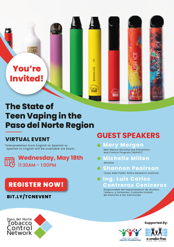 smokefreepdn's tweet photo. You're invited this Wednesday, May 18! The State of Teen Vaping in the Paso Del Norte Region. Please click below to register. @PdNHFoundation https://t.co/B8JjGT2fKk