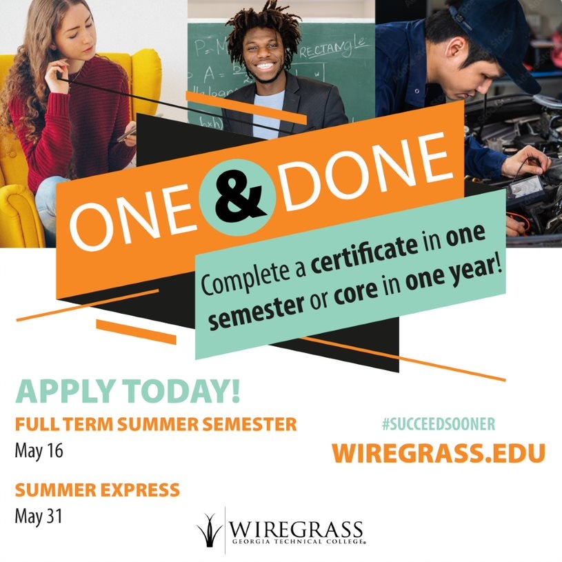 wiregrasstech's tweet photo. Summer Semester classes start tomorrow! If you missed deadlines to apply it's not too late! Summer Express term starts May 31! Talk with our One-Stop team tomorrow and get enrolled. #WiregrassTech #SucceedSooner #SummerExpress https://t.co/xL0aggtHKo