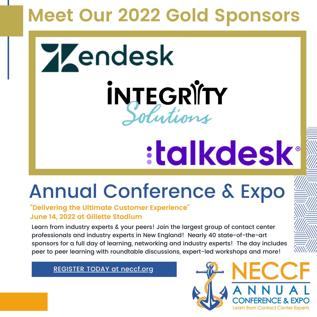 NECCF's tweet photo. Don't miss the presentations from our GOLD SPONSORS at our June 14 event @ Gillette Stadium!
Register today! https://t.co/6KBJuKxbgY

#NECCF
@Zendesk @Sell_Integrity @Talkdesk https://t.co/y6gVyDes3n