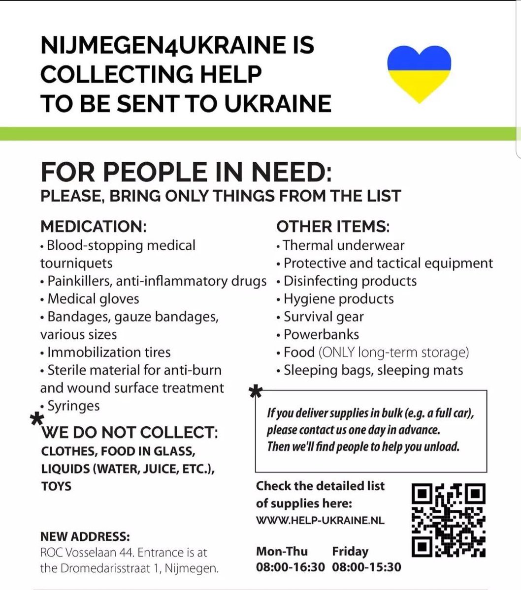 As Ukraine is still fighting, supplies of all kind are still needed. Therefore we want to remind you that our collection points are still open.
Please only bring supplies that are indicated in the list and nothing else.
Thank you for your ongoing support 💛💙