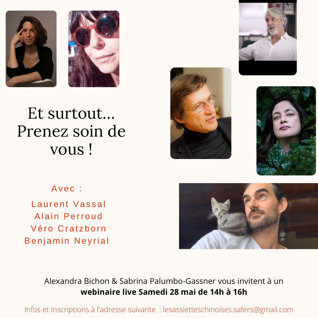 Webinaire 3:
"Prendre soin de soi?"
oui , mais comment?
Venez échanger avec nous sur différents outils à effets thérapeutiques , parfois hospitaliers , parfois au delà du sanitaire 
inscriptions à : lesassietteschinoises.safers@gmail.com