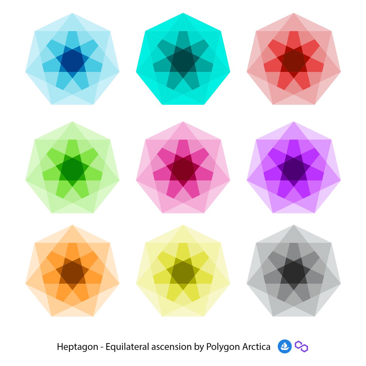 As promised
Heptagon is now available in 9 monochromatic color schemes on #opensea 
Collection : Equilateral Ascension
Price : 0.07 Ξ
Add to the beauty of your collection ✨
#NFTs #nftart #PolygonArctica
opensea.io/collection/equ…