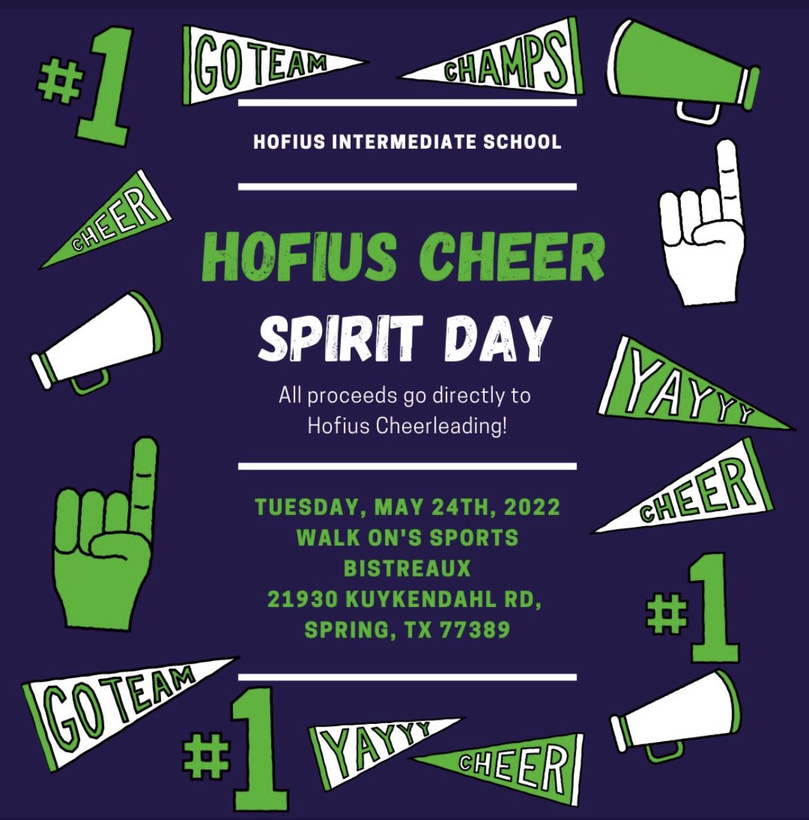 HofiusCheer's tweet photo. 💙💚Our Spirit Day is coming up soon! Please join us to support @HofiusCheer at Walk On’s on Tuesday, May 24th during lunch or dinner! Make sure you mention Hofius Cheer to your server! 💙💚 @HofiusKISD #HawksPride https://t.co/iYebWt85ks