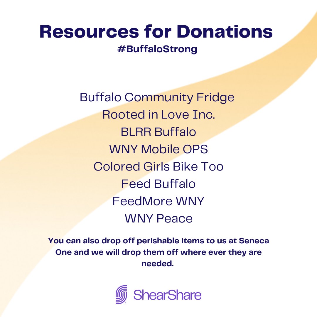 shearshare's tweet image. #ShearShare is devastated by the senseless act of violence that transpired yesterday in our #Buffalocommunity. Please use these resources to send food and monetary donations. Check their individual pages for more info on how and when to give. We are #Buffalostrong ❤️💙