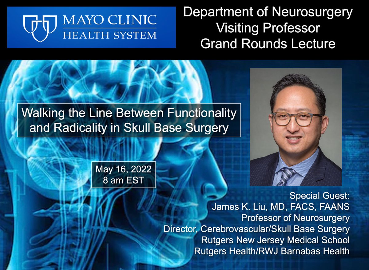 James K. Liu, MD (@skullbasemd) on Twitter photo Thrilled to be Visiting Professor <a href="/MayoNsgyRes/">Mayo Clinic Neurosurgery Residency</a> <a href="/MayoClinicNeuro/">Mayo Clinic Neuro</a> tomorrow. Will share perspectives and pearls on achieving balance between radical resection and preserving neuro function.
mc-meet.zoom.us/j/93176023503?…
#pushingboundaries #donoharm
<a href="/RUNeurosurgery/">Rutgers Neurosurgery</a> <a href="/CBMCNJ/">Cooperman Barnabas Medical Center</a> <a href="/Rutgers_NJMS/">Rutgers New Jersey Medical School</a> Thrilled to be Visiting Professor <a href="/MayoNsgyRes/">Mayo Clinic Neurosurgery Residency</a> <a href="/MayoClinicNeuro/">Mayo Clinic Neuro</a> tomorrow. Will share perspectives and pearls on achieving balance between radical resection and preserving neuro function.
mc-meet.zoom.us/j/93176023503?…
#pushingboundaries #donoharm
<a href="/RUNeurosurgery/">Rutgers Neurosurgery</a> <a href="/CBMCNJ/">Cooperman Barnabas Medical Center</a> <a href="/Rutgers_NJMS/">Rutgers New Jersey Medical School</a>