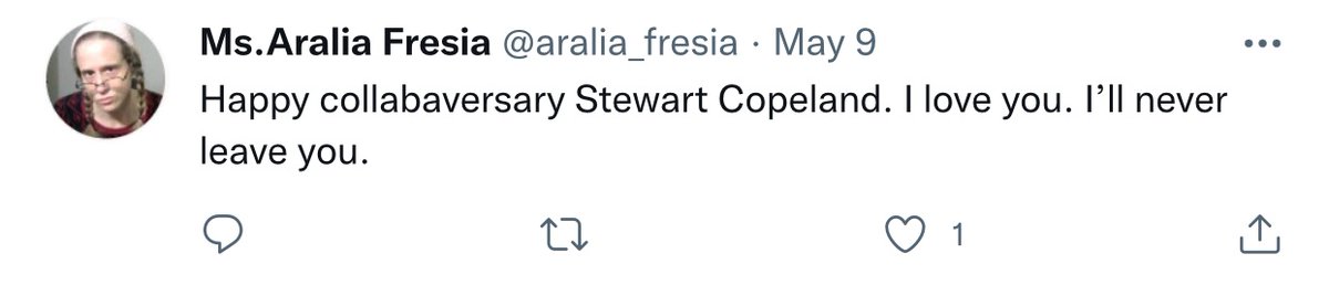 SCM50543355's tweet photo. @CrystalBlazier @NatSapphix I looked through their profile and its kind of disturbing. She believes that many famous artists plagiarised her, has a very strong obsession with Stewart Copeland and believes he collaborated with her even though in the screenshots she provided of their DM, he never responded. https://t.co/hLsT0U9N5G