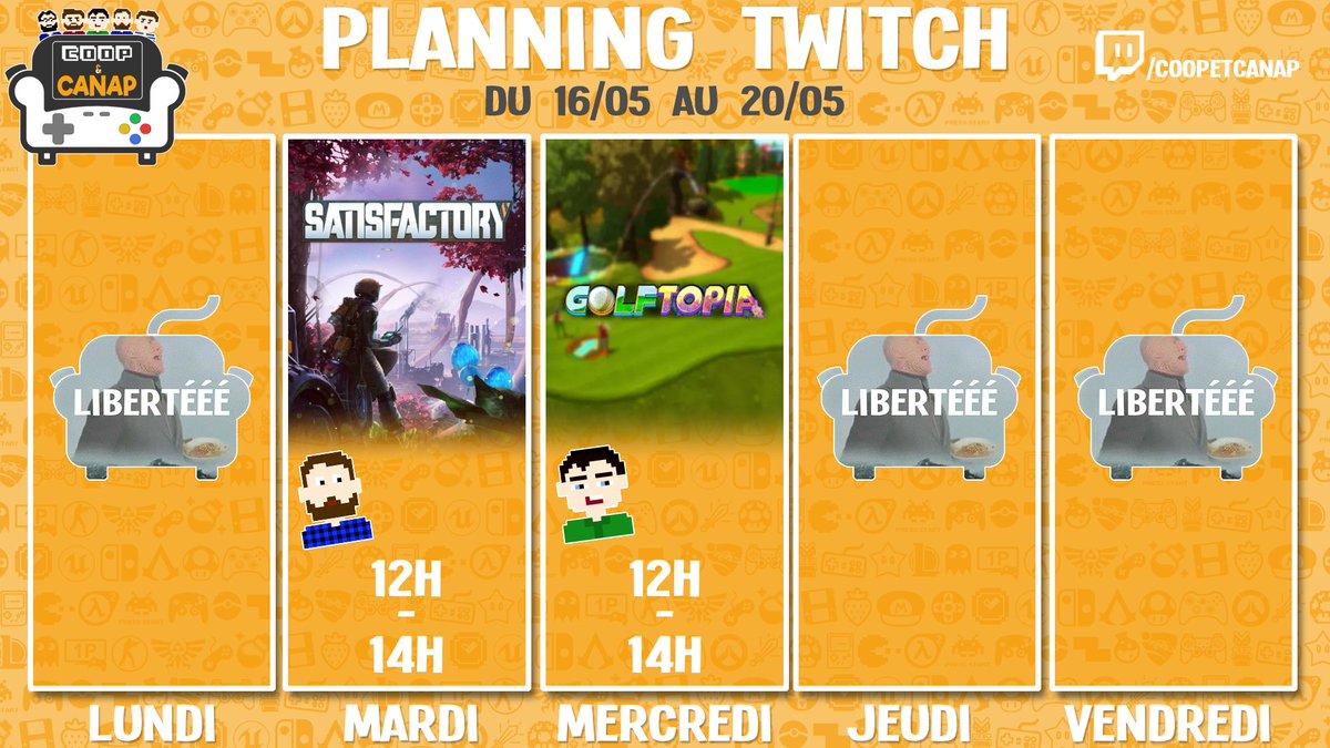 CoopEtCanap's tweet photo. Cette semaine ce sera 2 salles 2 ambiances!
Tandis que @CC_JohnDuff produira inutilement des ressources sur @SatisfactoryAF, @Nicolol_CC continuera sa légendraire tiers list des jeux de golf sur #golftopia.
#streamfr #twitch #planning @French_Retweet #golf #satisfactory https://t.co/vLeOvFy0r2