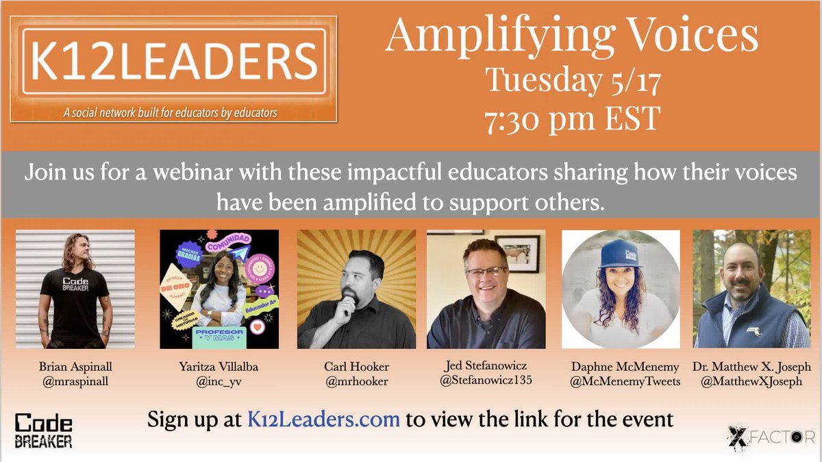 MatthewXJoseph's tweet image. Under a week until this great event 
Join @k12_leaders Tue 5/17 7:30 pm EST with these impactful educators sharing how their voices have been amplified to support others. Sign up at K12Leaders.com to view the link for the event.