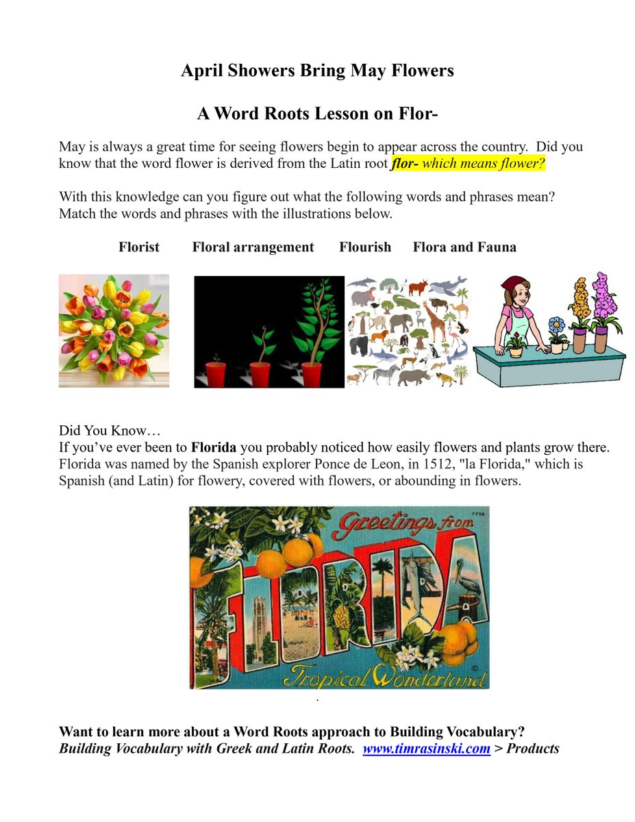 TimRasinski1's tweet photo. Morphology Monday:  Word Root "Flor = Flower"
Bonus - here's a link to a quick &amp; informative PD article "A Little Latin &amp; a Whole Lot of English"
https://t.co/so0Z4JSL3D  Enjoy!
@ILAToday @ascd  @DyslexiaIDA @reading_league https://t.co/cuf5u6sA5l