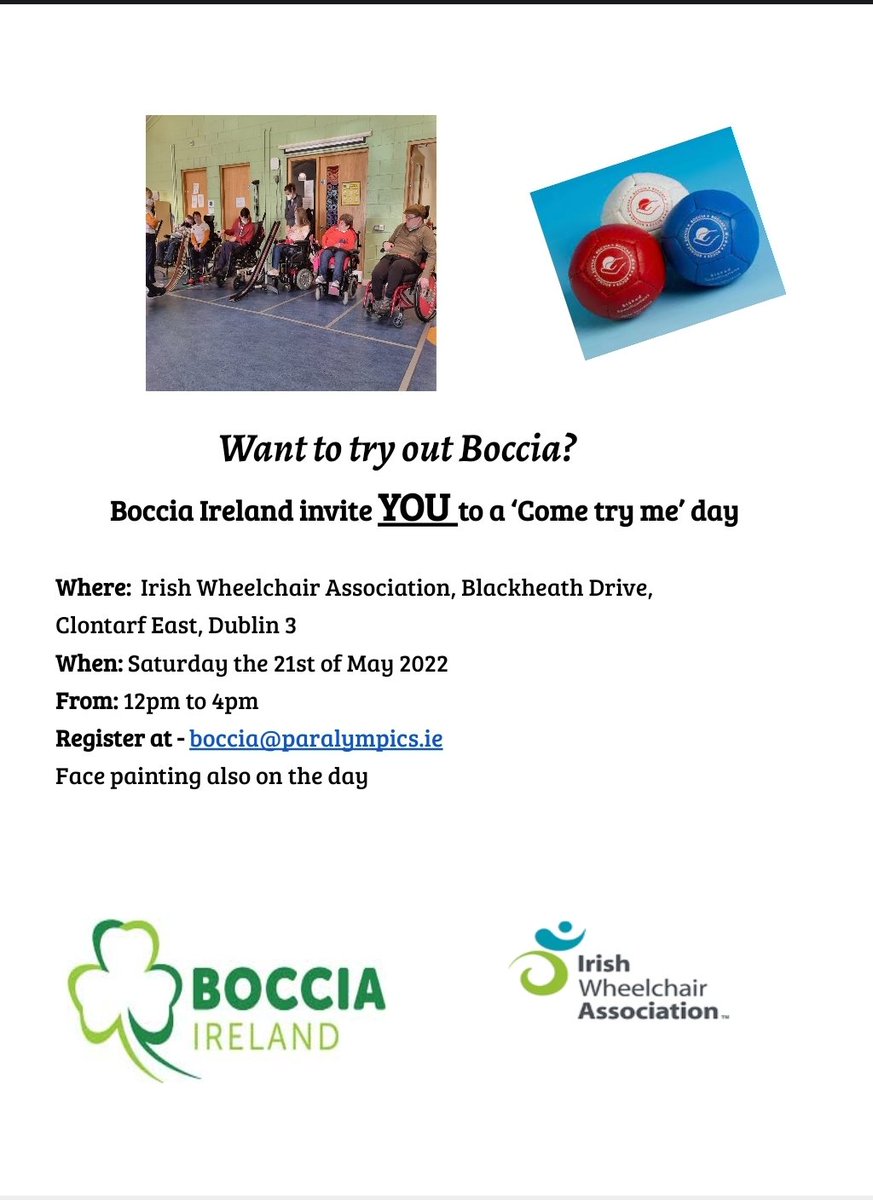 Want to try out the sport of Boccia? Come along to our 'come try me day' next Saturday at the Irish Wheelchair Association in Clontarf #bringingbocciaaroundireland <a href="/ParalympicsIRE/">Paralympics Ireland</a> <a href="/GerMcTavish/">Gearóidín Ní Thaibhis</a> <a href="/sportireland/">Sport Ireland</a> <a href="/IrishWheelchair/">IWA</a> <a href="/padraicsboccia/">Padraic Moran</a> <a href="/deniese_o/">Deniese O'Flaherty</a> <a href="/littlemssportie/">Lisa Callaghan</a> <a href="/Padjoe92/">Padjoe</a>