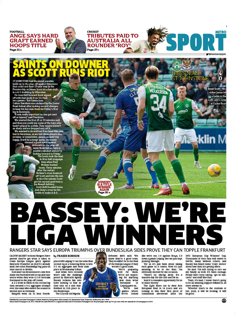 MetroScotSport's tweet photo. Monday's @MetroScotland back page

BASSEY: WE'RE 
LIGA WINNERS

#tomorrowspaperstoday #scotpapers #Bbcpapers #SkyPapers https://t.co/u6c9nuWN2Q
