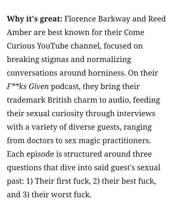 Our podcast F**ks Given by @ComeCurious has been mentioned in the '20 best sex, erotica and relationship<a class="tags" target="_blank" title="On Twitter" href="/?out=eyJ0eXAiOiJKV1QiLCJhbGciOiJIUzUxMiJ9.eyJpYXQiOjE3MjIwMjM1NTYsImlzcyI6InR3cG9ybnN0YXJzLmNvbSIsIm5iZiI6MTcyMjAyMzU1NiwiZXhwIjoxNzUzNTU5NTU2LCJyZWRpcmVjdF91cmwiOiJodHRwczovL3R3aXR0ZXIuY29tL0NvbWVDdXJpb3VzIn0.HBOWZ-T_wus-bP4L0xb5yw2M5vrpSb2KwbgU-SeagwLen667lXBPICzN9YUONm65tqhKWVgr3Mx4AJnW1eWZEw">@ComeCurious</a><a href="/tag/sexworkiswork"class="tags"><span>#sexworkiswork</span></a><a href="/tag/saraheverard"class="tags"><span>#saraheverard</span></a><a href="/tag/protectwoc"class="tags"><span>#protectwoc</span></a>