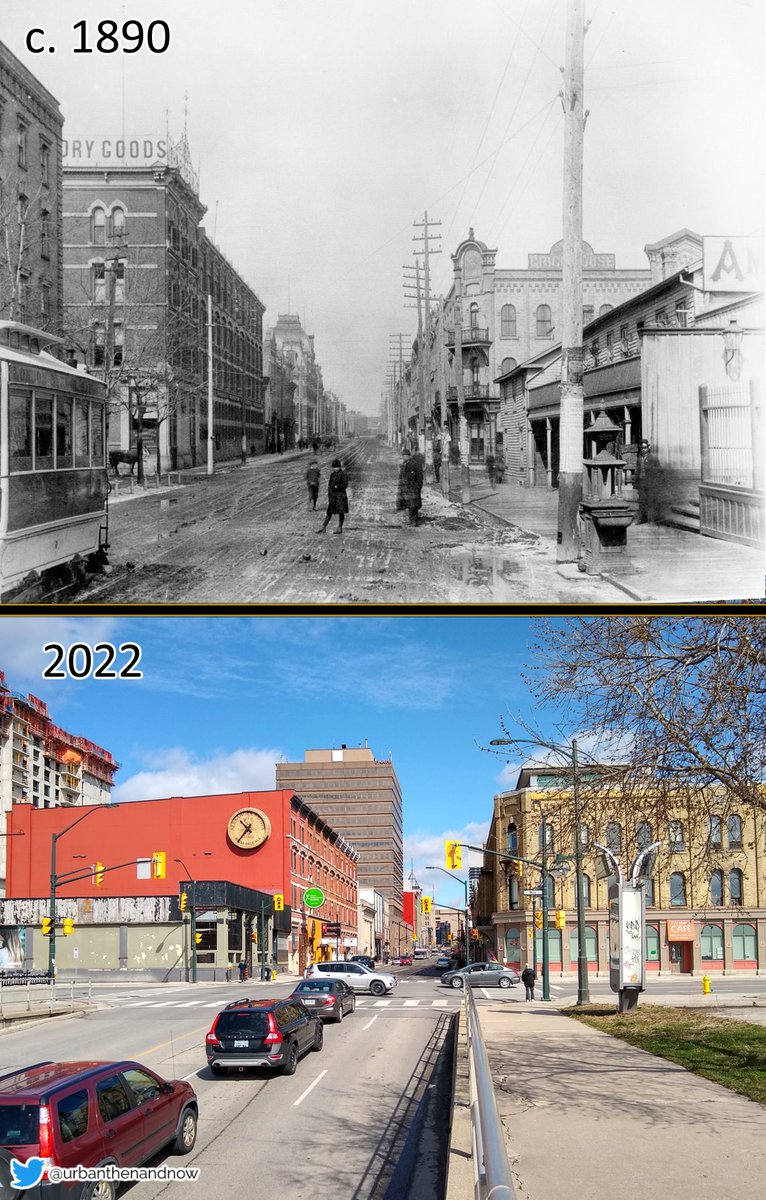 UrbanThenAndNow's tweet image. Looking north from Richmond and York, London, Ontario. On Richmond is a streetcar operated by the London Street Railway, now @LTCLdnOnt. The northeast corner was known as Grigg House, now @YMICafe. In the distance at King and Richmond is the Masonic Temple (since demo'd). #LndOnt