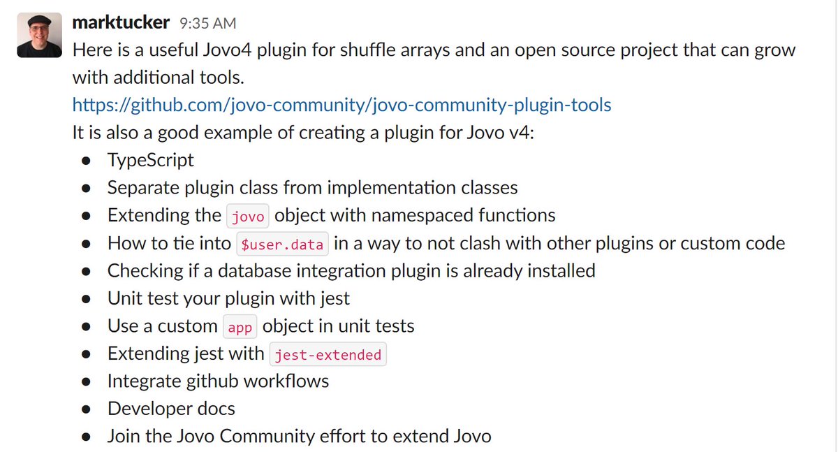 marktucker's tweet photo. Release: jovo-community-plugin-tools ๐
https://t.co/nR5YvnEuOd
Looking forward to my first contribution to the Jovo4 marketplace.
#VoiceFirst #Jovo @jovotech #opensource #Developers #voicedev https://t.co/LAg9jFWaOt