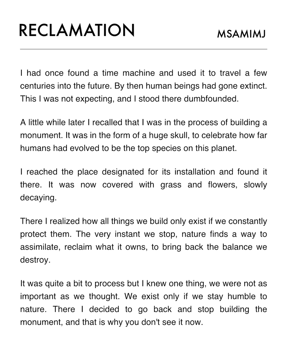 My genesis on <a href="/foundation/">Foundation 🌐</a> is now listed 🤩

I call it 'Reclamation' 💙

Nature is one of the subjects I often talk about, and so thought this to be a good candidate for my genesis

Do read the story 😊

Also your RTs and QT would really help. Thank you ❤️

foundation.app/@msamimj/tales…