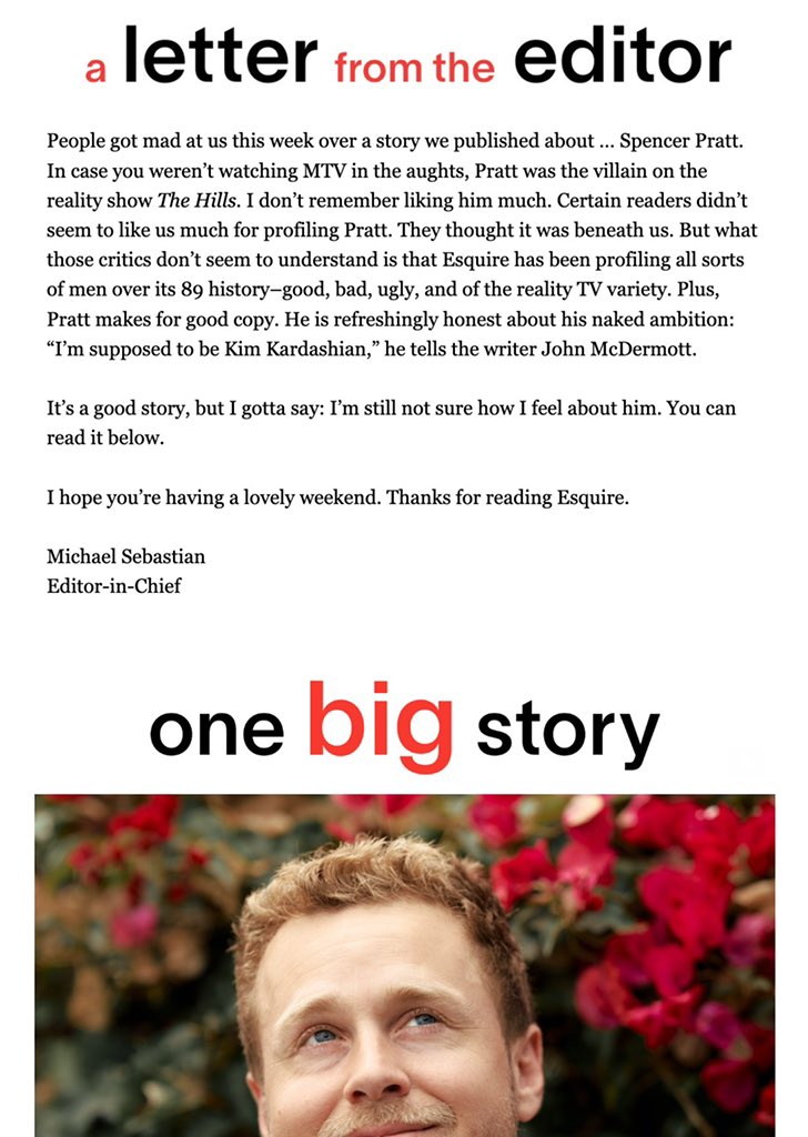 spencerpratt's tweet image. Booooom blessed with ONE BIG STORY @mcdermott @esquire