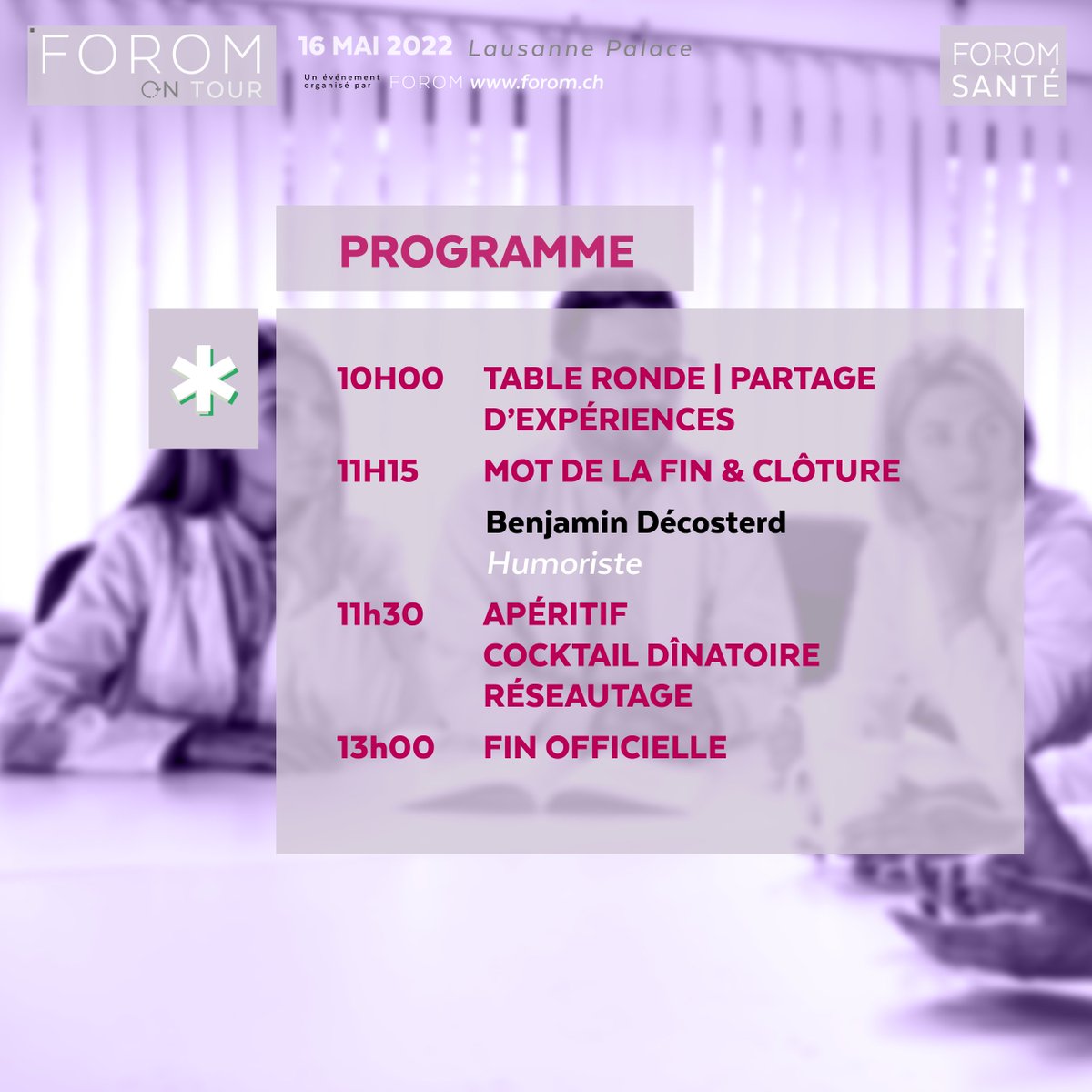 🧬 PROGRAMME - FOROM Santé 2022 🗓

Le prochain évènement du FOROM ON TOUR sera axé sur la santé : “Fixer un plafond aux coûts de la santé : la solution ?”

- Lundi 16 mai 2022 de 8h00 à 13h00 -
📍 @LausannePalace 

📲🎟 Participer au FOROM Santé 2022* ➡️ Lien en Bio.
#FOROM