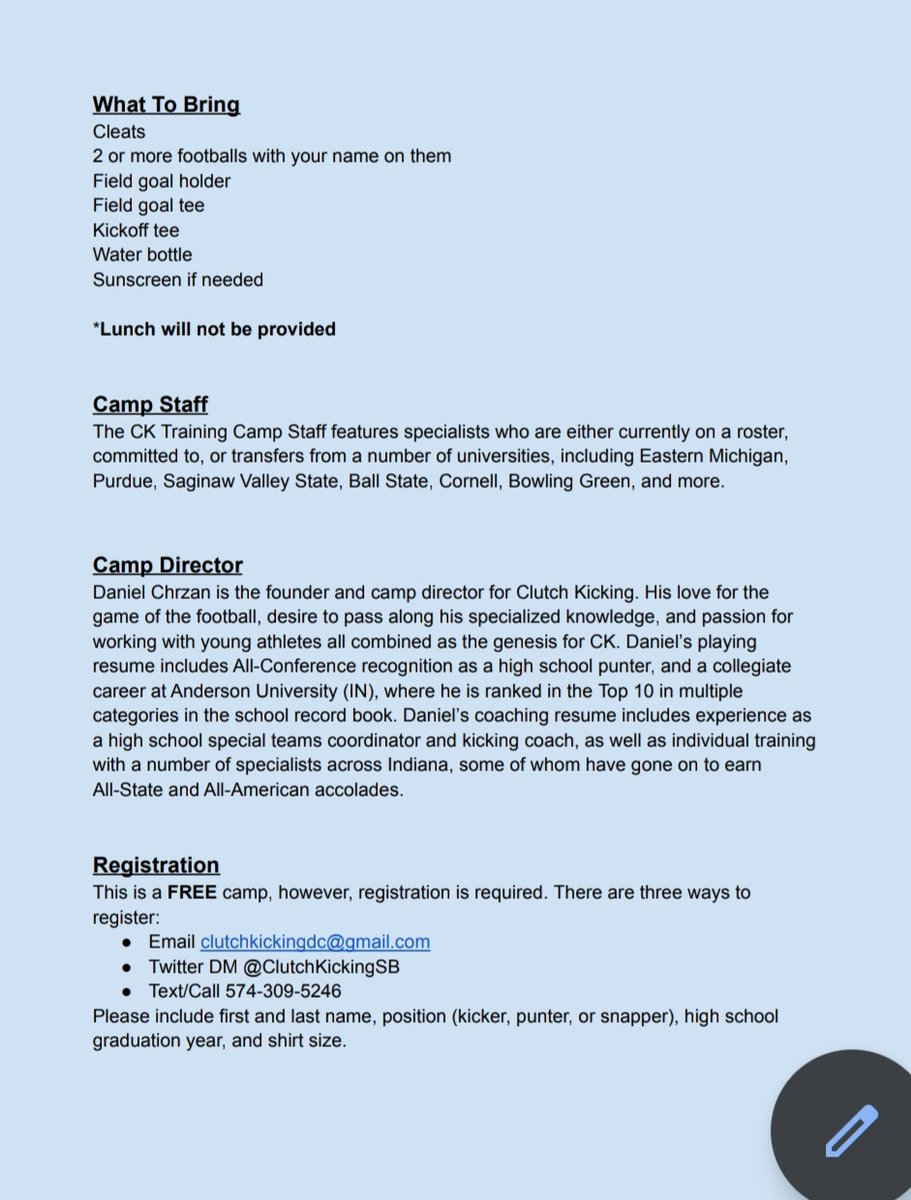 K/P/LS 🏈💣 1 Day Training Camp on 6/4/22 from 11am-3pm.

🎯St. Joe HS in South Bend, IN.

⭐️Coaching staff feature multiple collegiate specialists
⭐️⭐️Focus is on preparing for ranking/exposure camps
⭐️⭐️⭐️Camp is FREE but still must register