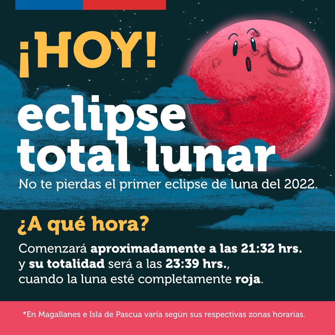 GobiernodeChile's tweet photo. ¡Queda poco para el eclipse de Luna! 🤩🔭 Recuerda que este podrá verse en todo el país y que la totalidad será a las 23:39 horas, cuando seamos testigo de la “Luna de sangre” 😮 https://t.co/iET369AJ2q