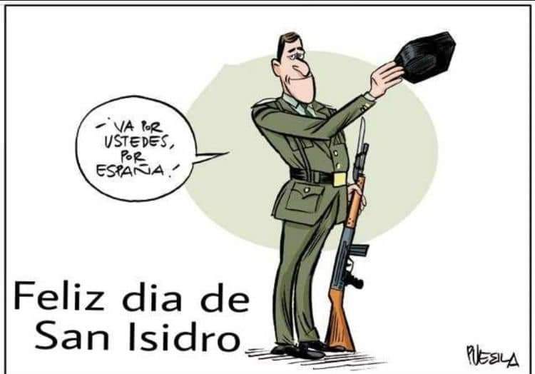 Se están felicitando #SanIsidroLabrador entre guardia civiles con este dibu q hice por su patrona, ¿sabéis por qué?. Resulta que a los aspirantes -que no son 'hijos del Cuerpo-, se les llama isidros, pues en tiempos difíciles una tasa muy alta d los que entraban eran agricultores