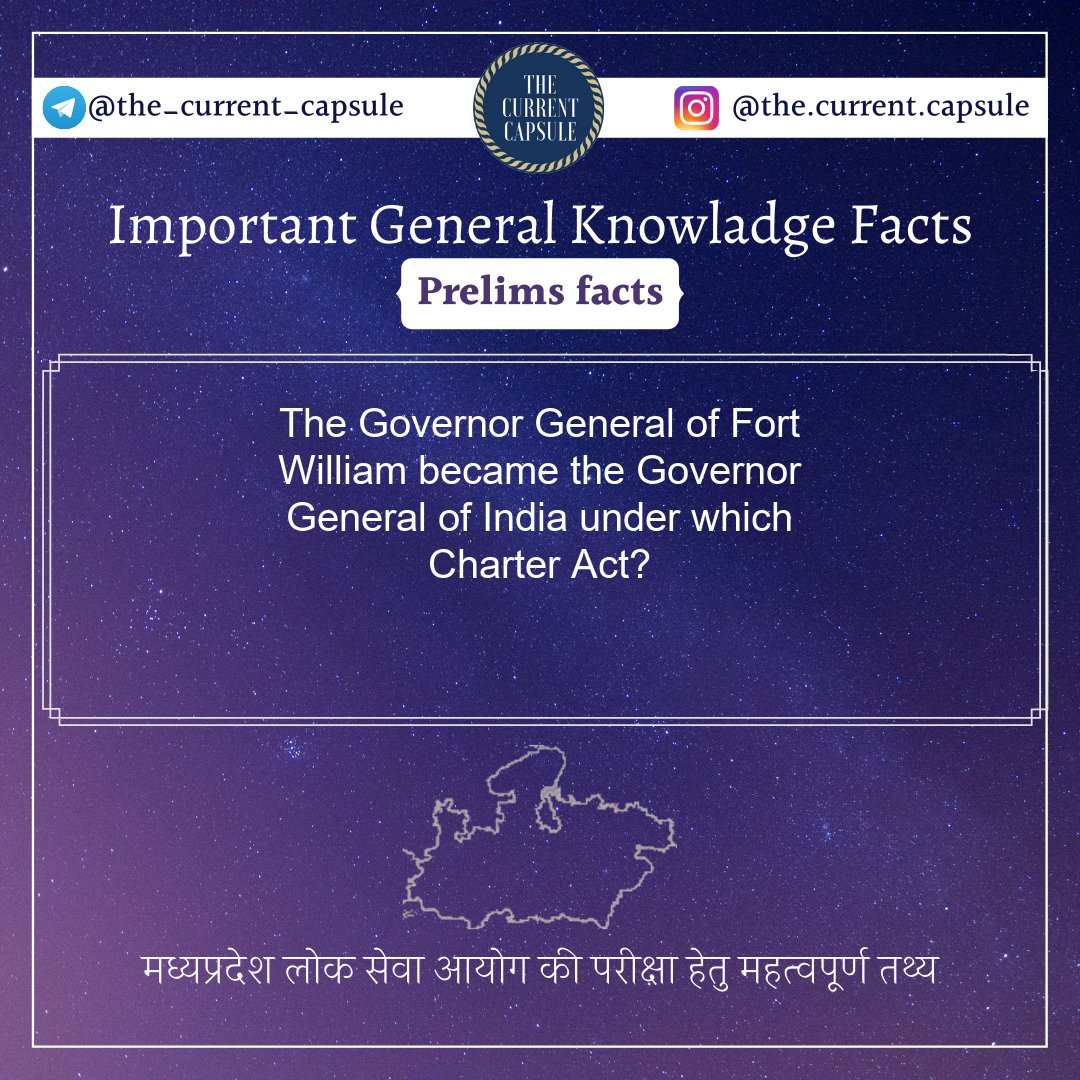 current_capsule's tweet photo. The Governor General of Fort William became the Governor General of India under which Charter Act?
Answer : 1833
 #generalknowladge #gk #ssc #ias #ips https://t.co/050HAHpn8l