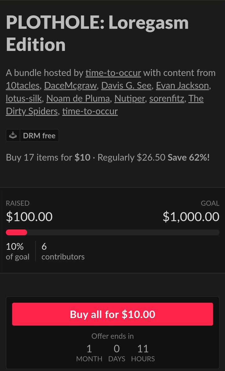 time_to_occur's tweet photo. Thirteen hours in and we're already at 10% of our goal! Amazing!✨and big thanks to the generous folks who are buying the bundle for more than the minimum price! 

PLOTHOLE is a bundle of Queer Porn *With* Plot.

#GayErotica #QueerErotica #queer #itchio #itchiobundle #loregasm https://t.co/qHZyKqgEtD