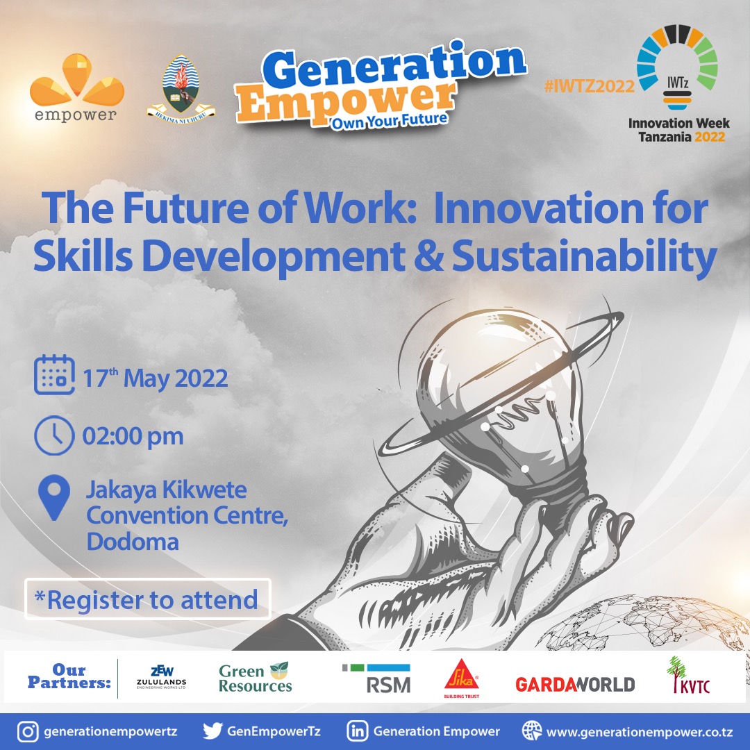 GenEmpowerTz's tweet photo. If you are in #Dodoma register now to attend our panel discussion with different youth stakeholders who are going to dive deep into key issues around the future of work and innovation for skills development and sustainability.

Book your seat: https://t.co/hyI8KQzobS

See you💙 https://t.co/LPidC5BLgh