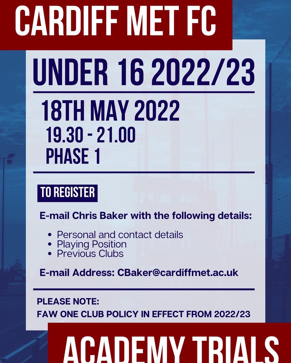 CardiffMetFC's tweet photo. Want to join Cardiff Met FC Academy?

There are trials for select age groups (2022/23):
U12 + U14s + U15s + U16s

Trials are based on next season's (2022/23) age groups (if you’re currently Under 13s, you register and attend the Under 14s trial). https://t.co/71BzMW2lQF