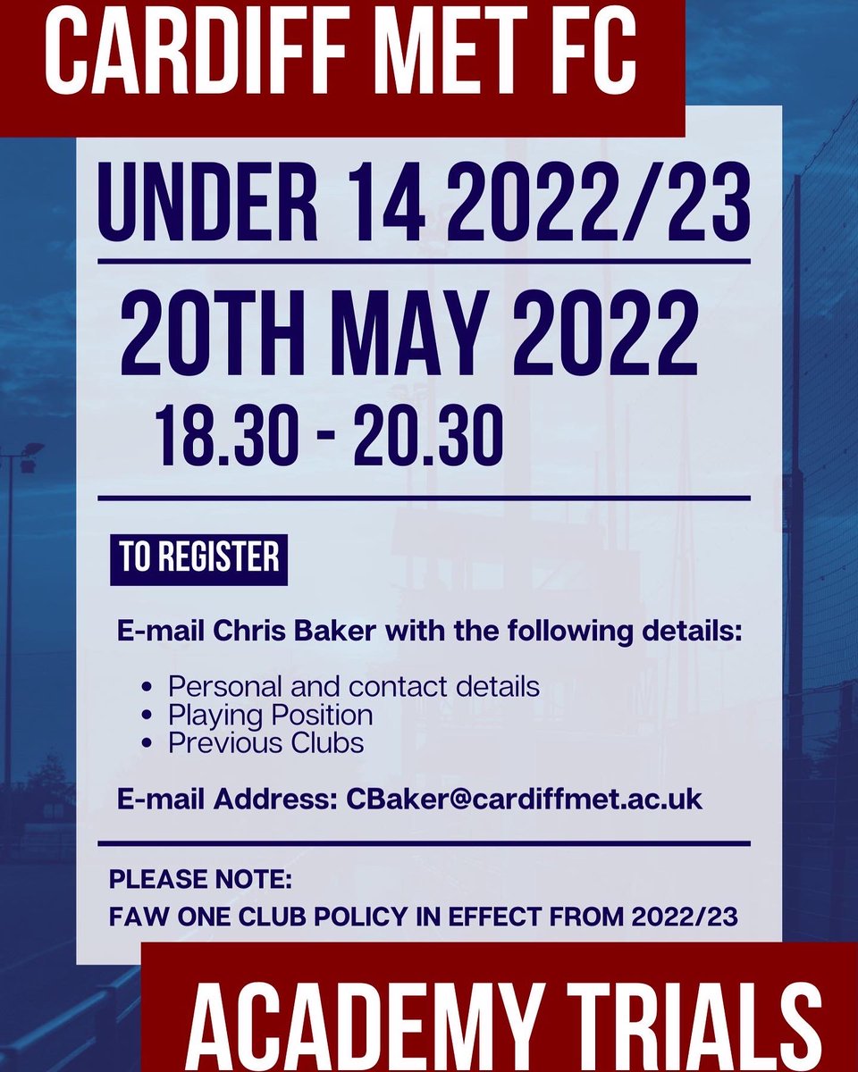 CardiffMetFC's tweet photo. Want to join Cardiff Met FC Academy?

There are trials for select age groups (2022/23):
U12 + U14s + U15s + U16s

Trials are based on next season's (2022/23) age groups (if you’re currently Under 13s, you register and attend the Under 14s trial). https://t.co/71BzMW2lQF